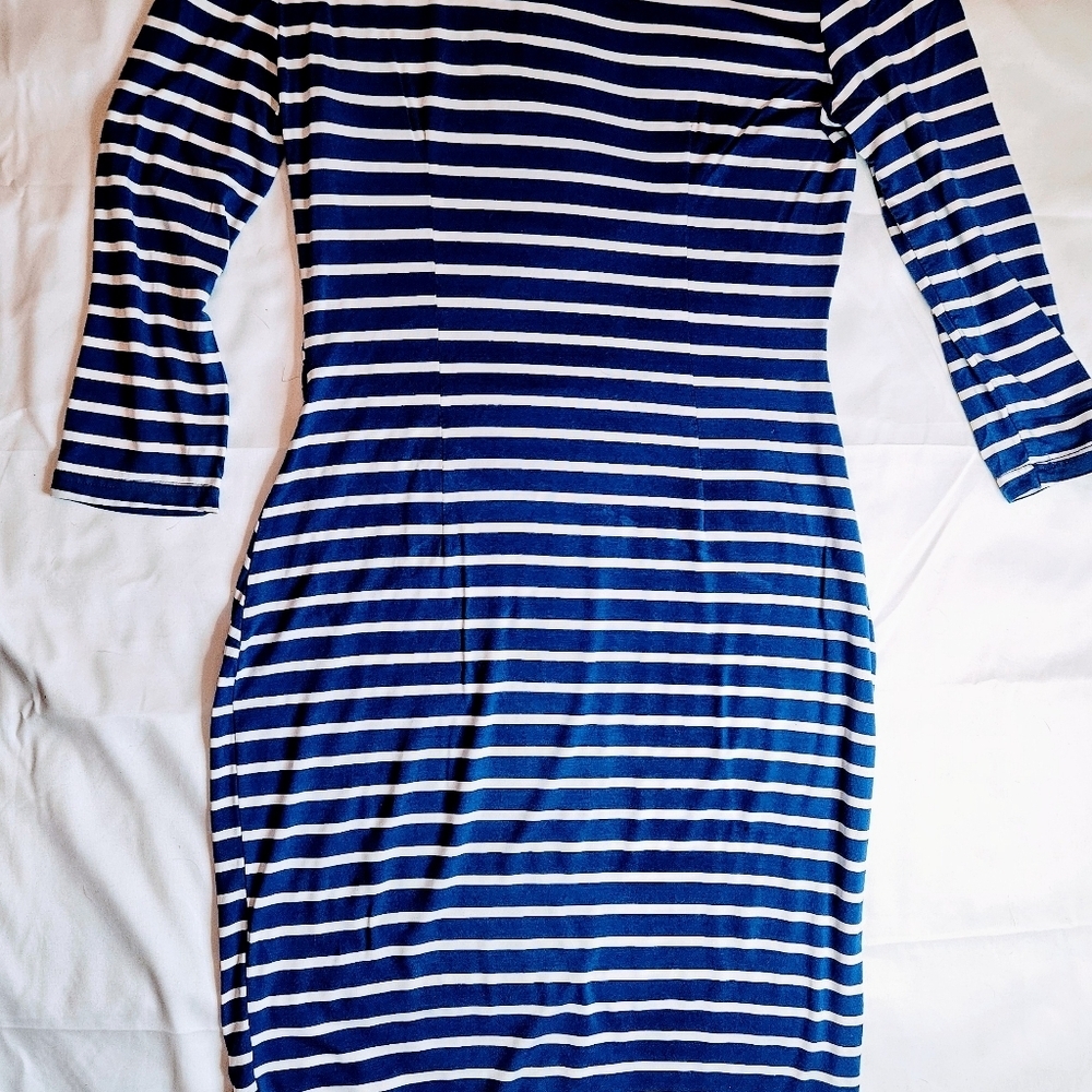 Rephyllis Womens Blue & White Striped Bodycon Dress With 3/4 Sleeves Size Medium - Picture 8 of 9